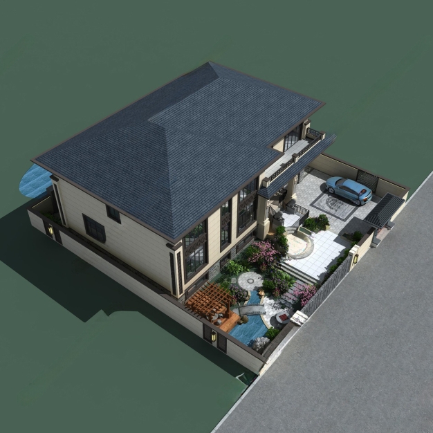 新中式别墅庭院景观3D模型