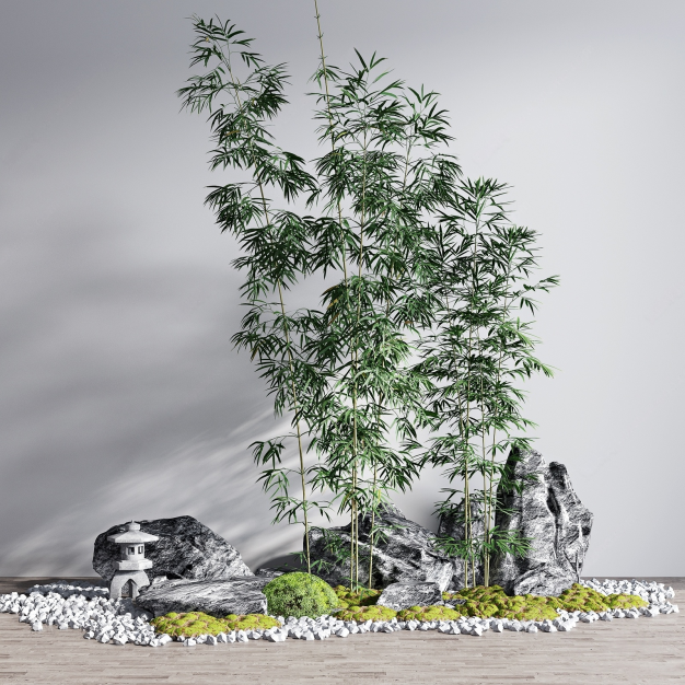新中式竹子石头景观小品3D模型