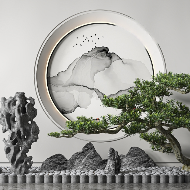新中式松树石头景观3D模型