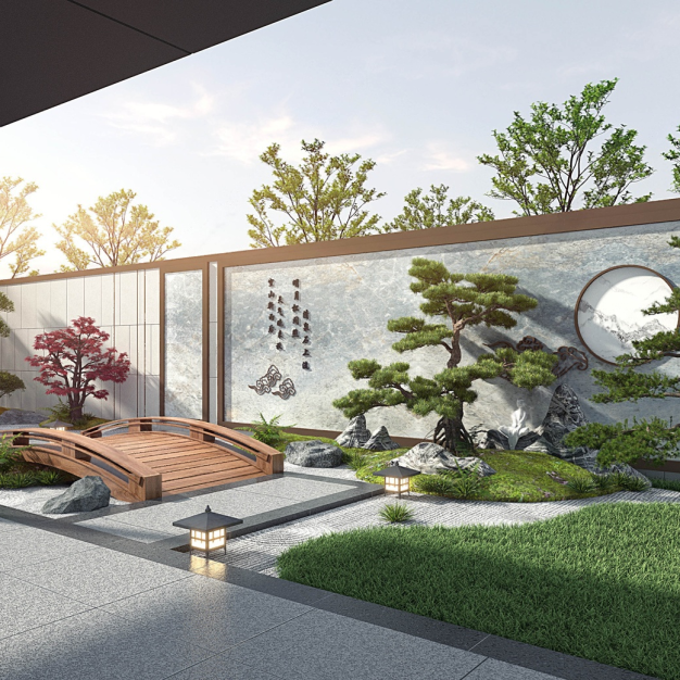  新中式庭院景观3D模型