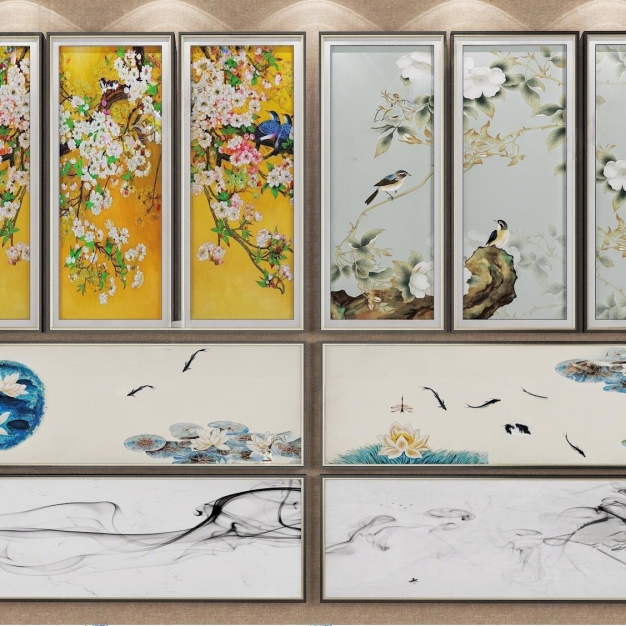 新中式花鸟鱼塘山水挂画3D模型