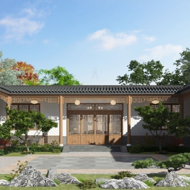新中式四合院园林景观3D模型