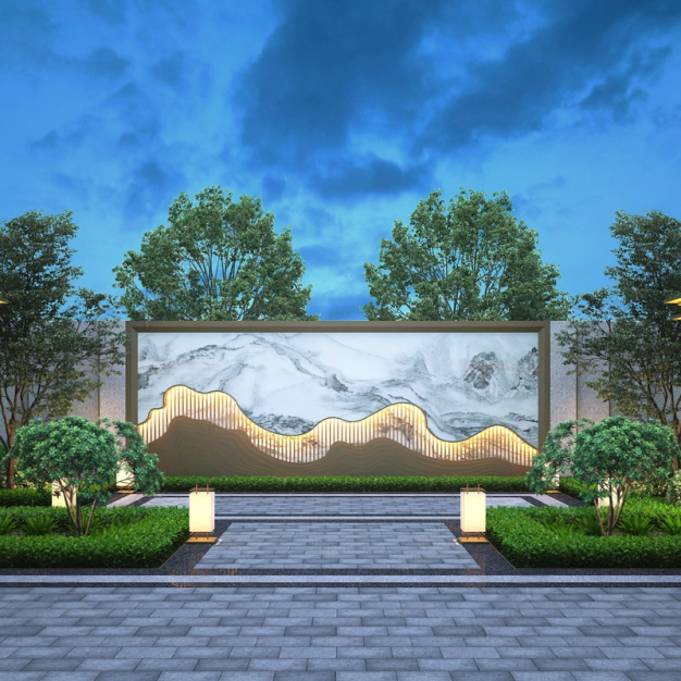  新中式庭院景观3D模型