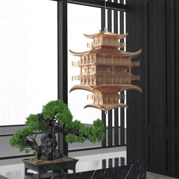  新中式摆件松树装饰柜3D模型