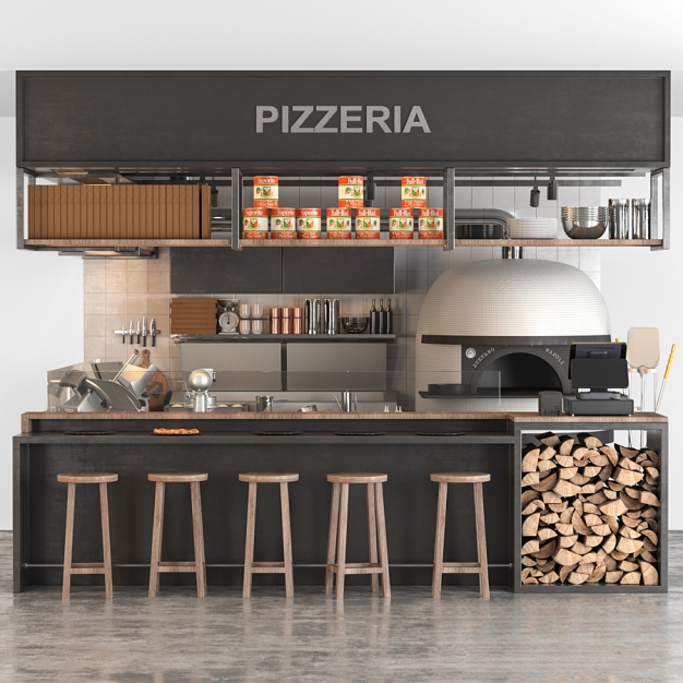 现代披萨店吧台操作台3D模型