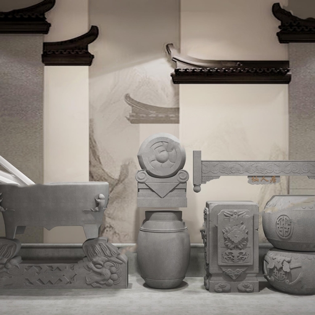 中式抱鼓石柱凳雕塑挂落组合3D模型